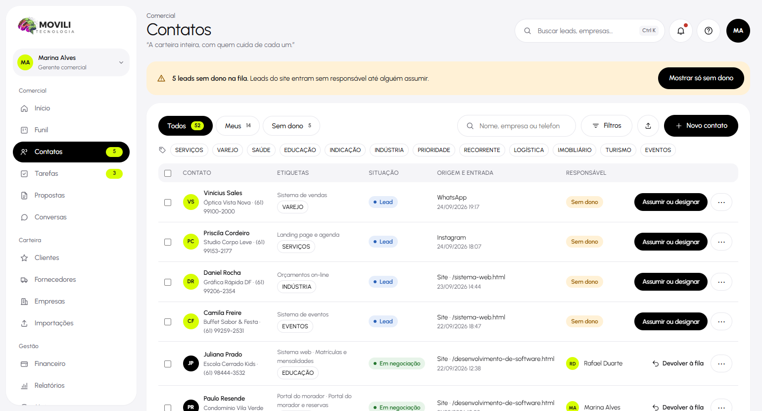 Tela de contatos do CRM Movili com as abas todos, meus e sem dono, busca, etiquetas e a lista com situação, origem, responsável e as ações de assumir ou devolver à fila.